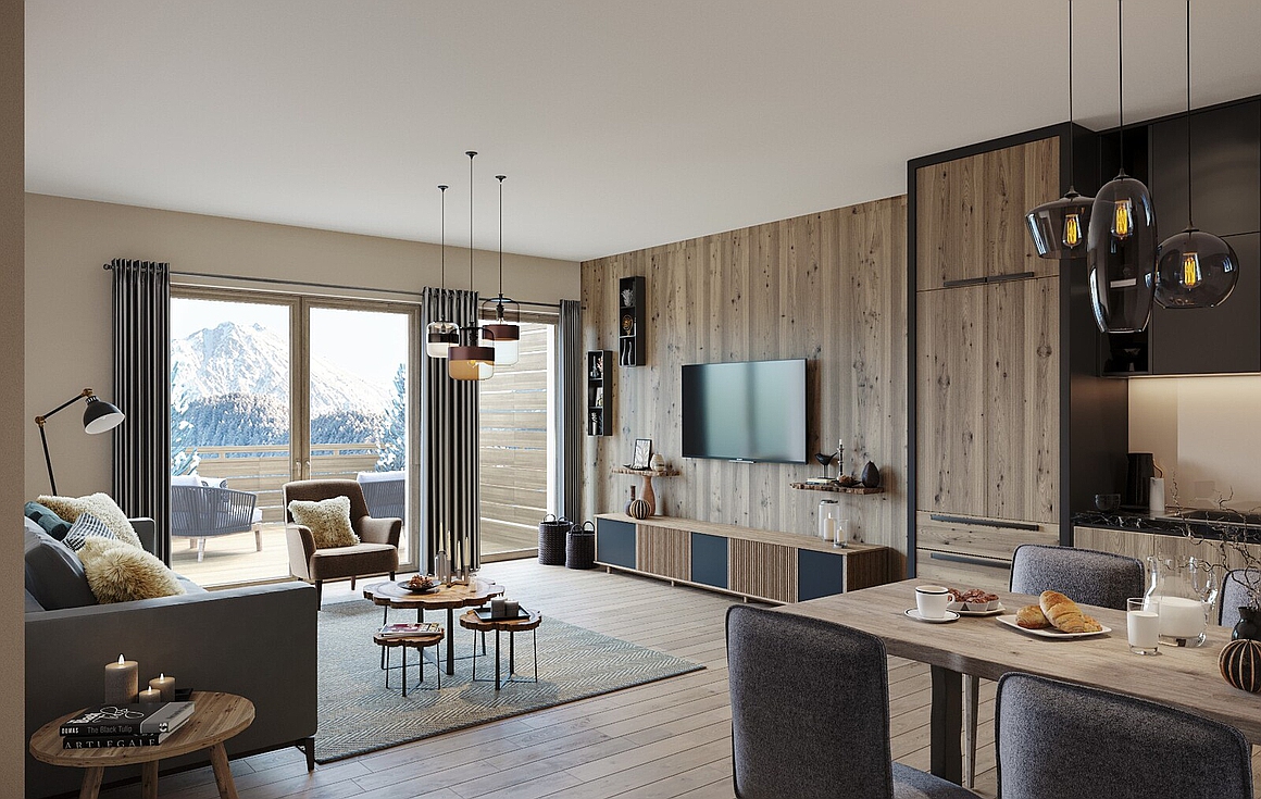 Sophisticated interior with stunning alpine scenery