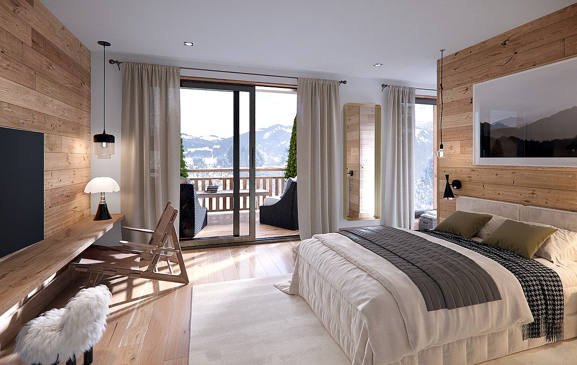 Elegant bedroom with private balcony views