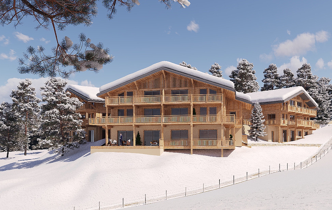 Charming alpine chalets nestled in snowy hills